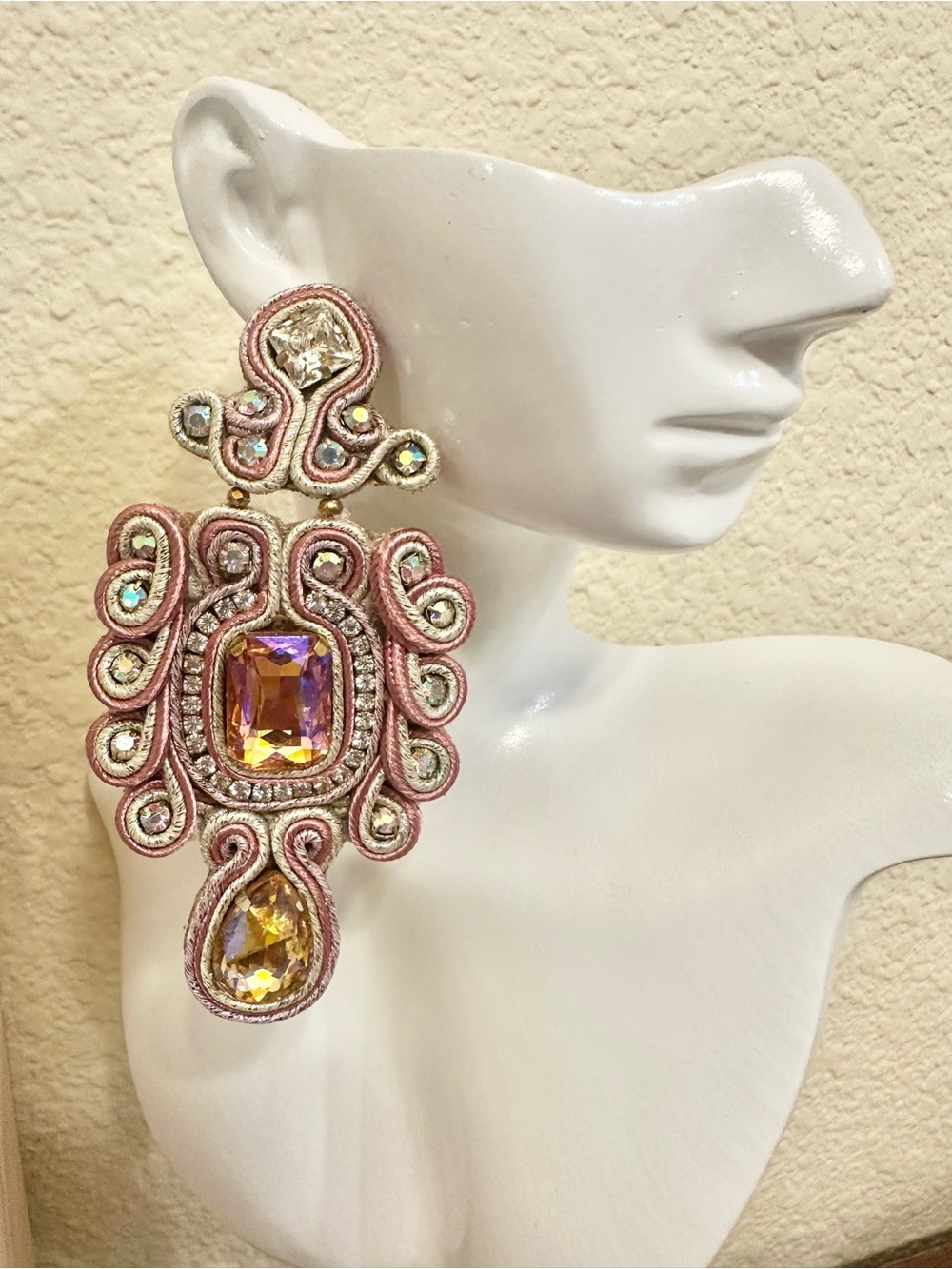 Elegant Handmade Pink Crystal Soutache Statement Earrings